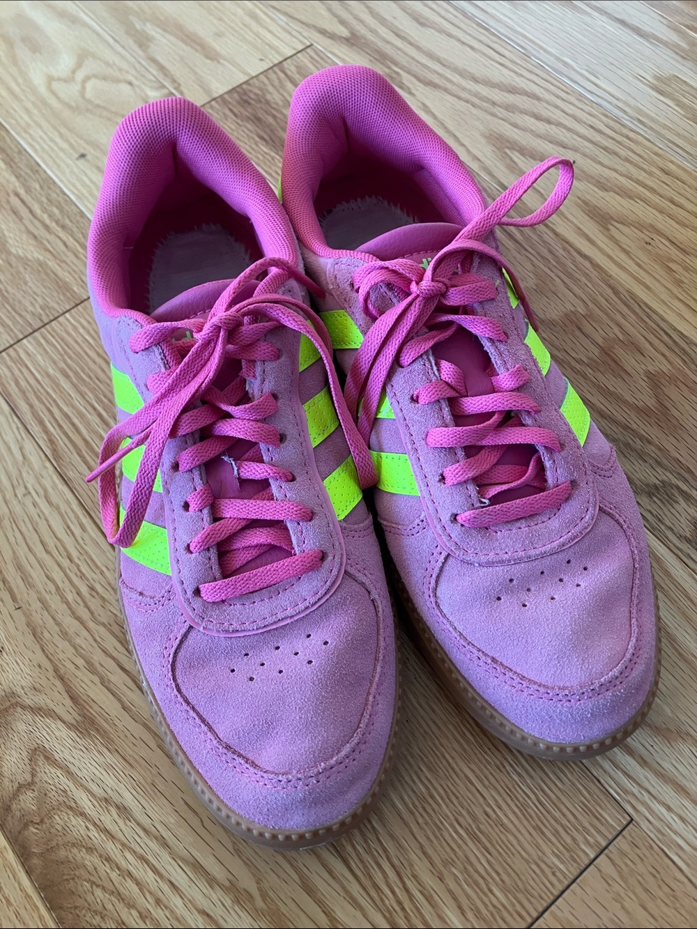 Adidas Pink Suede Sneakers with Neon Yellow Stripes